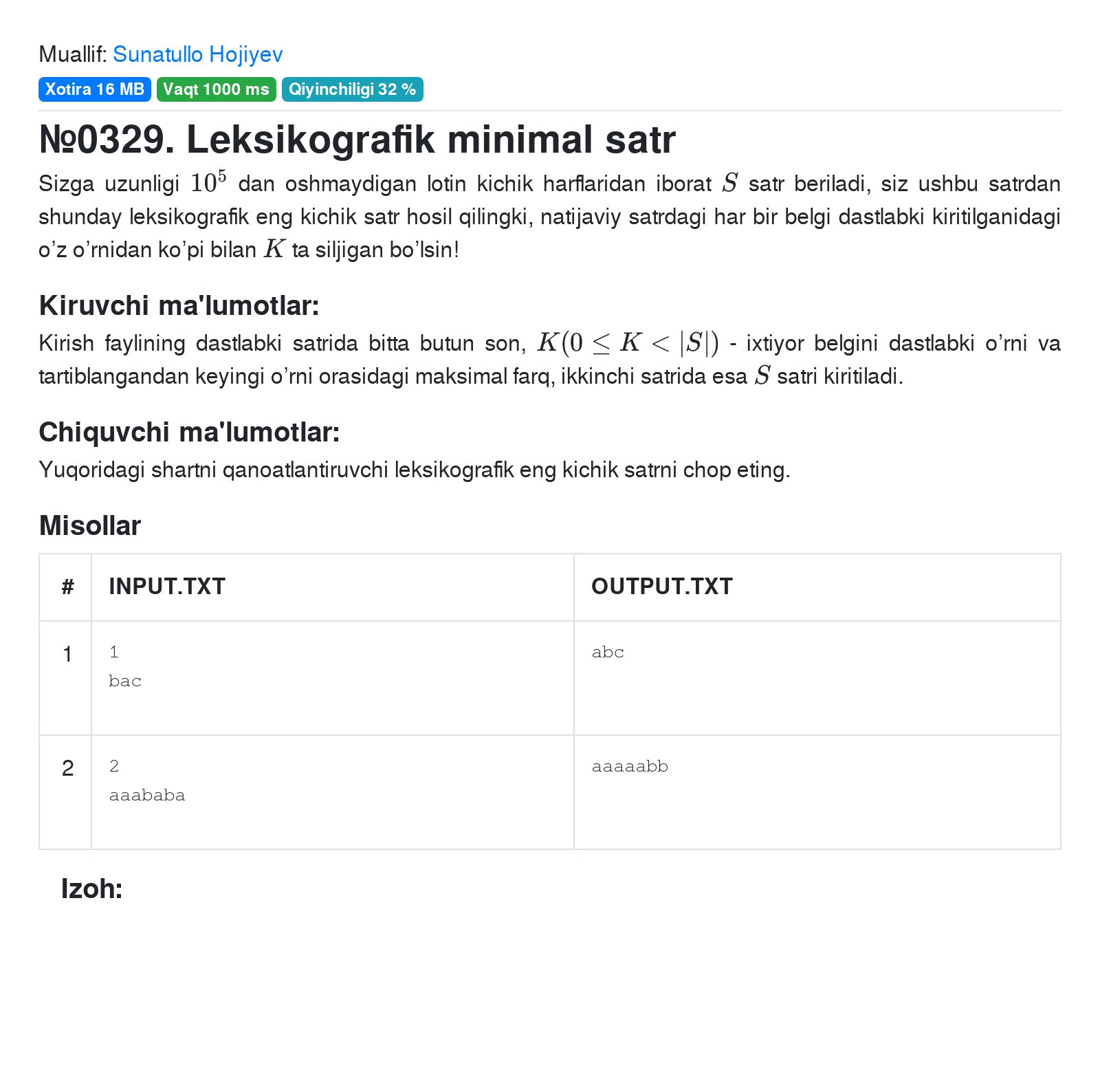 Leksikografik minimal satr - RoboContest