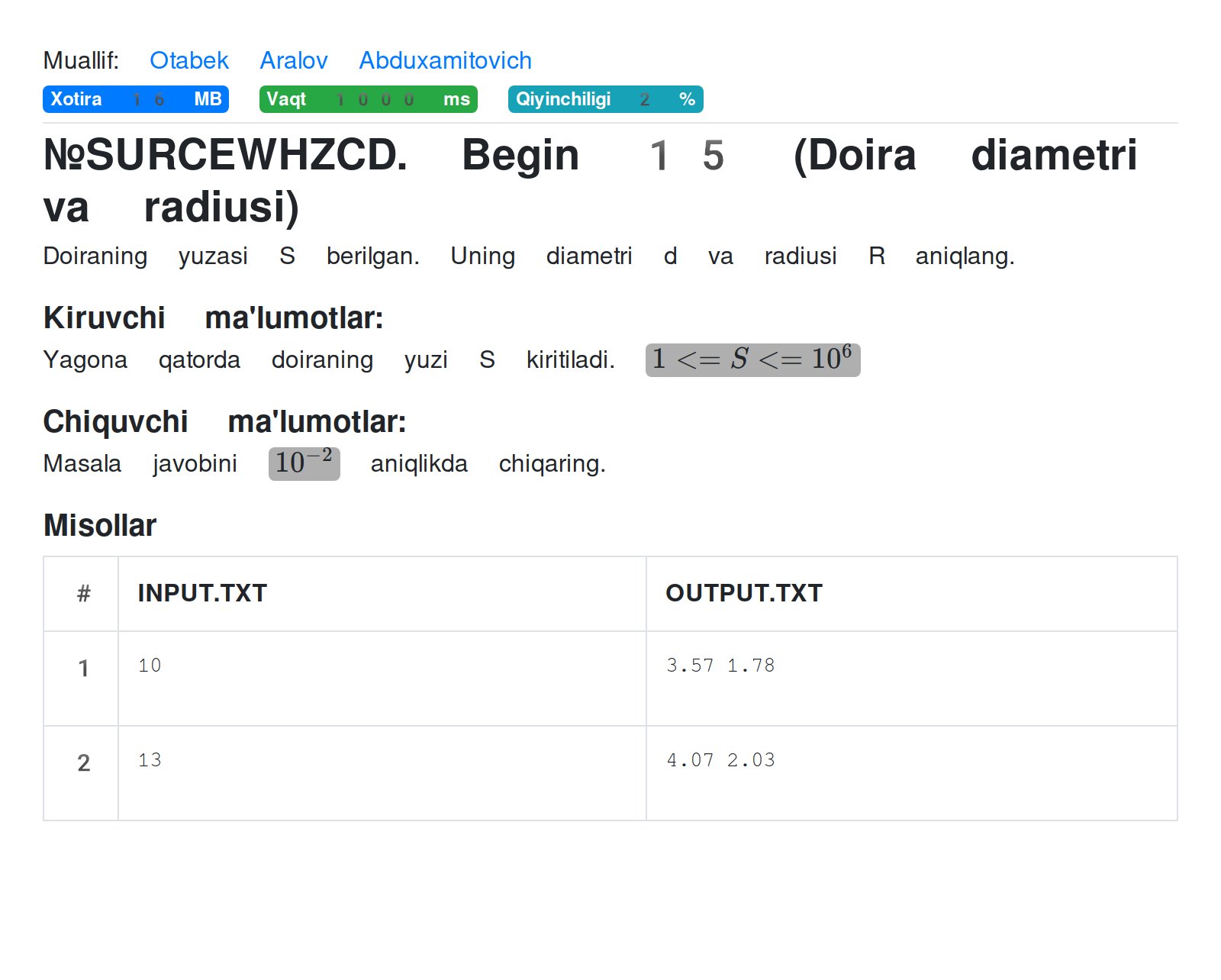 Begin 15 (Doira diametri va radiusi) - RoboContest
